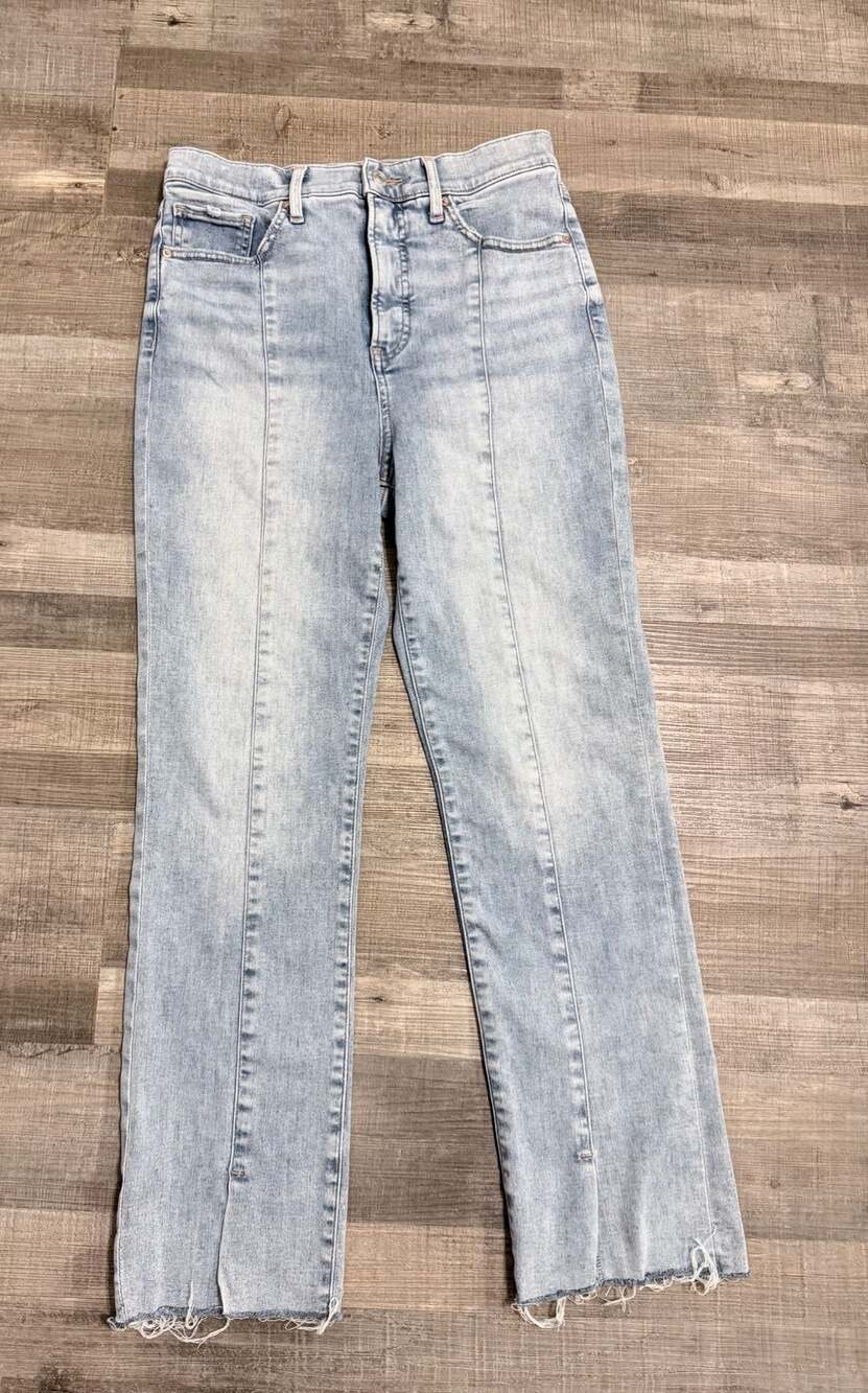 Express 90S Slim High Rise Light Wash Jeans Front Seam and Raw Split Hem